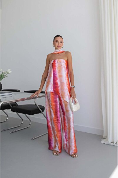 Havoş Pink Batik Pattern Strapless Blouse Trouser Set