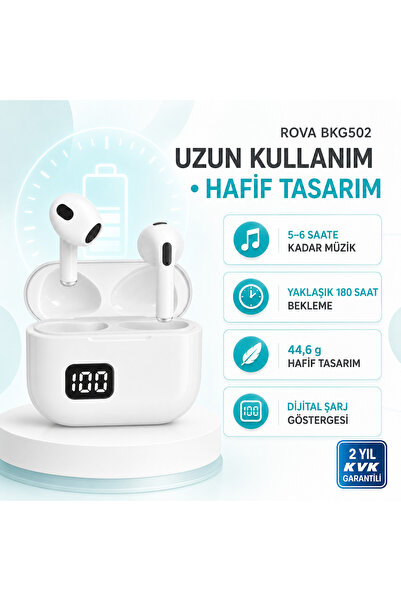 ROVA BKG502 Bluetooth 5.3 TWS Kablosuz Kulaklık – Dijital Şarj Göstergeli, Beyaz
