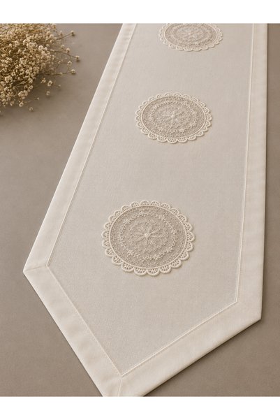 Zeren Home Lace Embroidered Dowry Box Cream Runner |   Linen Look Piko Embroidered Living Room and Dining Table Runner