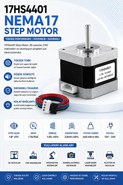 RoboPazar 17HS4401 NEMA17 Step Motor – 1.8° 1.5A Bipolar Step Motor 42N·cm