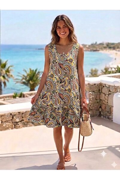 AYASOFYA OTANTIK Rochie midi fără mâneci, cu model șal, detaliu cu nasturi și...
