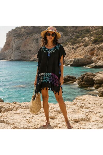 BIJUTERI Par-13045 Black Turquoise Ethnic Border Patterned Beach Dress & Pare...