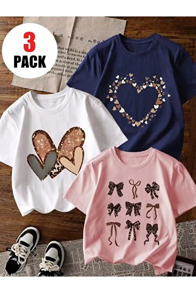 MORNİNG KİDS Girl's 3-Pack Hearts and Bows Printed Combed Cotton T-Shirt (Pin...