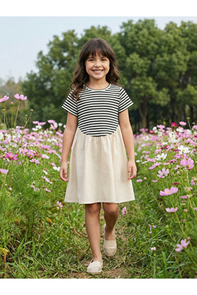 Globus By Styli Globus Girls White Striped Round Neck Gathered Detail Fit & F...