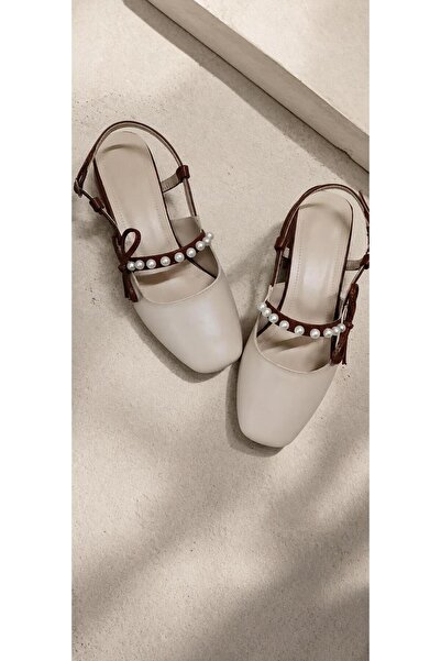 solebydilhan Kadın İnci Detaylı Slingback Küt Burun Orta Topuklu Ayakkabı – S...