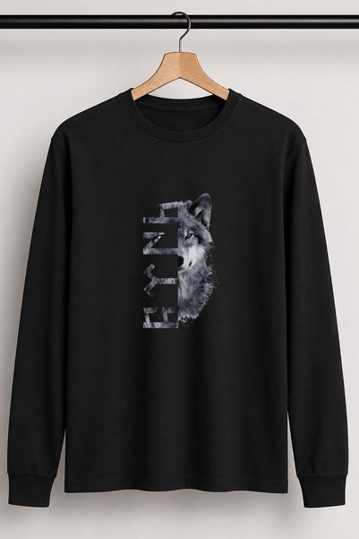 The Baski Turkey Bozkurt Göktürkçe Turkish Text and Wolf Print Regular Fit 100% Cotton 24/1 Long Sleeve T-Shirt
