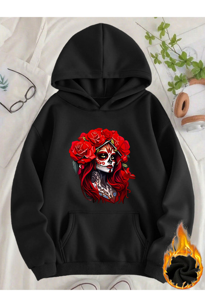 Deocept Unisex Γυναικείο φούτερ με στάμπα κρανίου, με τσέπη καγκουρό, άνετη ε...