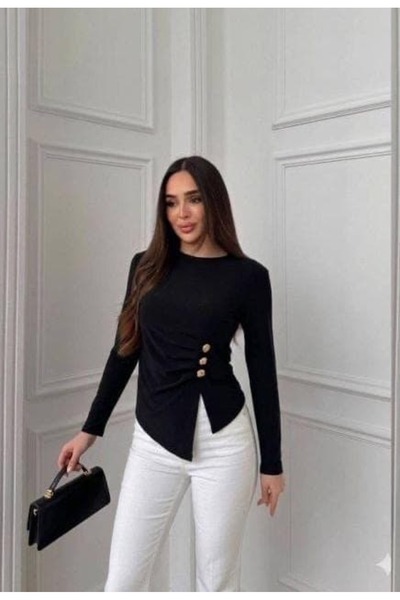 ELAY Fashion بلوزة نسائية غير متماثلة مزينة بأزرار