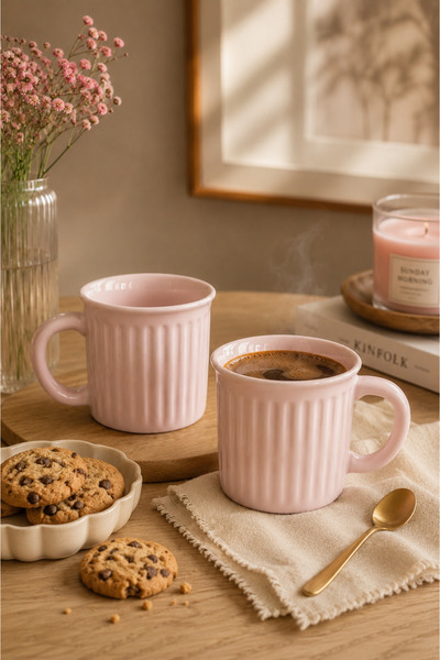 Homeconceptus 2'li Set Toz Pembe Dikey Çizgili Porselen Kupa – Minimal Tasarı...
