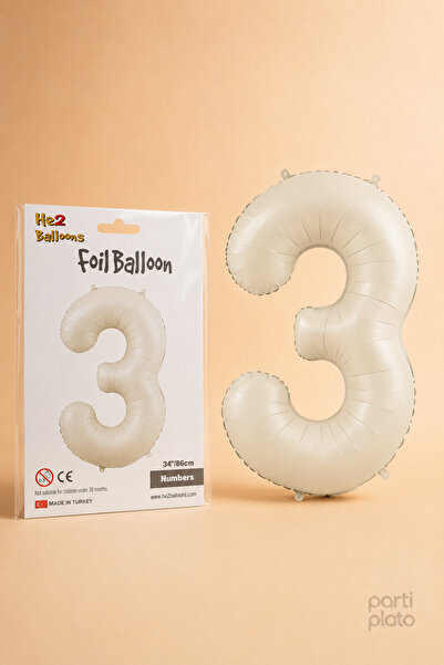He2 Balloons بالون كريمي فويلو على شكل رقم 3 مقاس 86 سم، بالون بلون كريمي متو...
