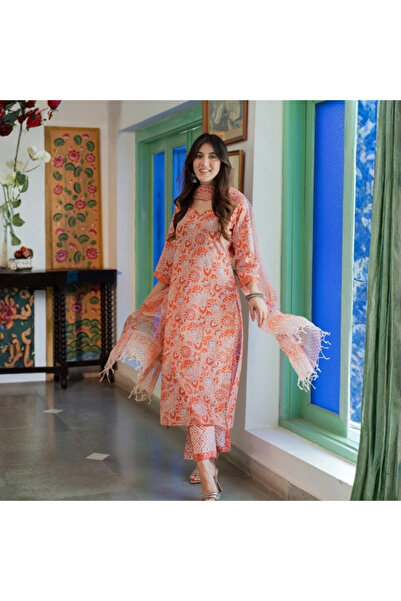 MYSMAR Pink Cotton Salwar Kameez & Dupatta - VRN1004 | Pink-Size:XL-42-Inches
