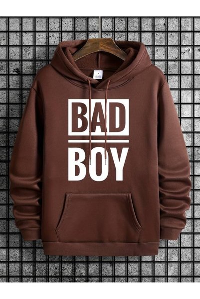 WESTİMO Men's Brown Bad Boy Printed 3 Thread Hooded Hoodie Sweatshirt