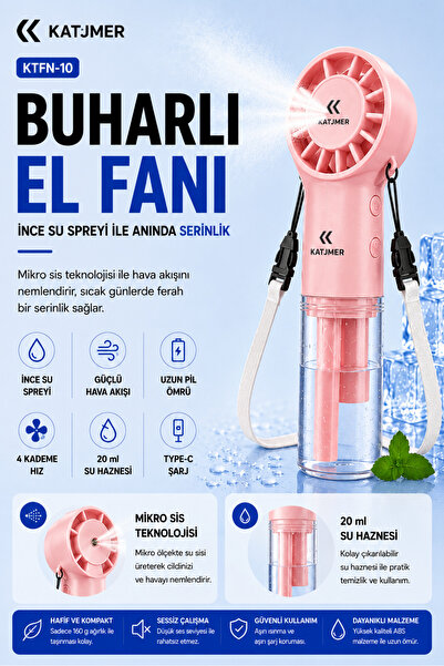 KATJMER KTFN-10 Buharlı Sulu El Fanı, 4 Kademeli Şarjlı Mini Vantilatör, İnce...
