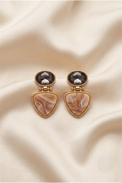 Pelin Aksesuar Brown Black Stone Geometric Dangle Earrings