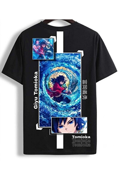classy moda Tricou unisex negru supradimensionat cu ilustrație anime imprimat...
