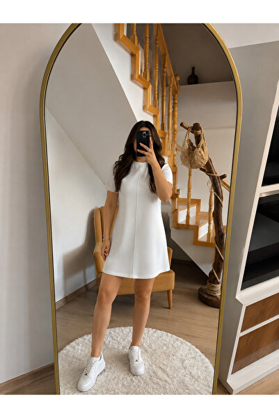 İlaybutik Modal kumaş sıfır yaka ön çimalı beyaz elbise