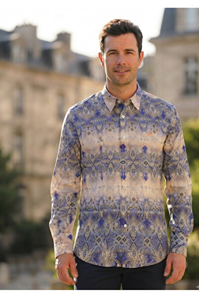 Chordi Long Sleeve Shawl Patterned Regular Fit Cotton Viscose Men's Shirt