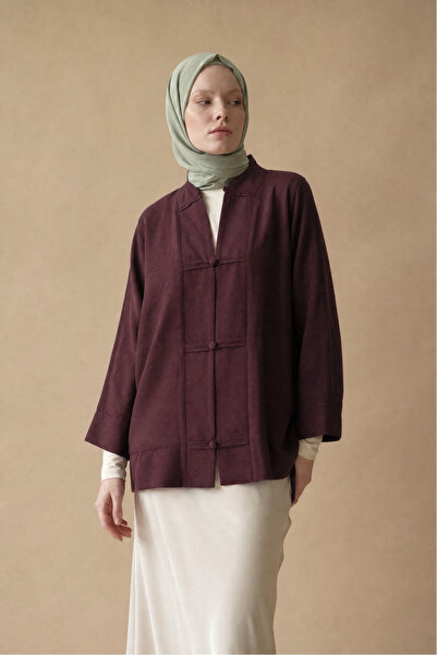 LENFORA V Yaka Organze Vual Biye Düğmeli Oversize Kimono -Bordo