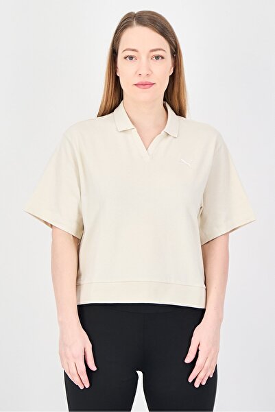Puma Women Relaxed Fit Short Sleeve Outdoor Crop Polo Shirt, Beige