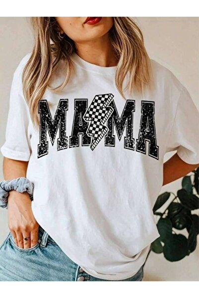 9TAY تي شيرت 'MAMA' للأمهات بتصميم عتيق - تي شيرت برقبة دائرية، طباعة حروف بي...