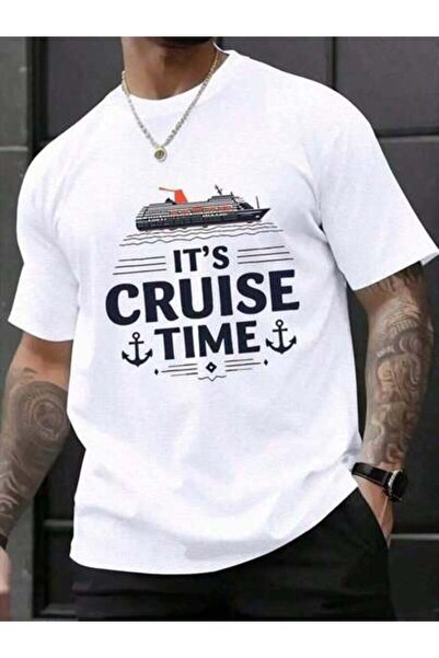 4CR 1psc Men's "It's Cruise Time" Graphic Short-Sleeve T-Shirt, White, Casual...
