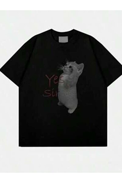 45 BPM Funny Yes Sir Cat Graphic Tee Kitten Print T Shirt Casual Y2K Streetwe...