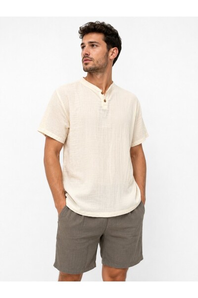 Mulberry Men's Muslin Short Sleeve Buttoned T-Shirt |   Breathable Cotton Tex...