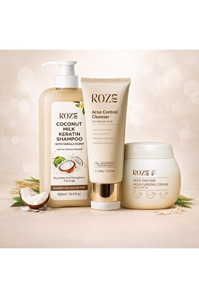 ROZE Trio Pack | Acne Cleanser | Rice Moisturizer | Coconut Milk Keratin Shampoo