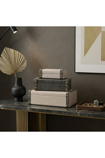 Generic Brand مجموعة من 3 صناديق جلدية - بيج ورمادي - 8×10×19 سم - 9×15×26.5 ...