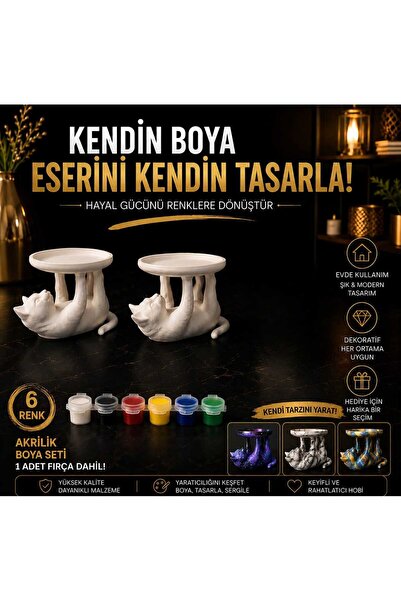 Kendin Boya Kedi Anahtarlık ve Takılık Biblosu | 6 Renk Akrilik Boya + Fırça Dahil | Dekoratif Ev Aksesuarı | DIY Boyama Seti