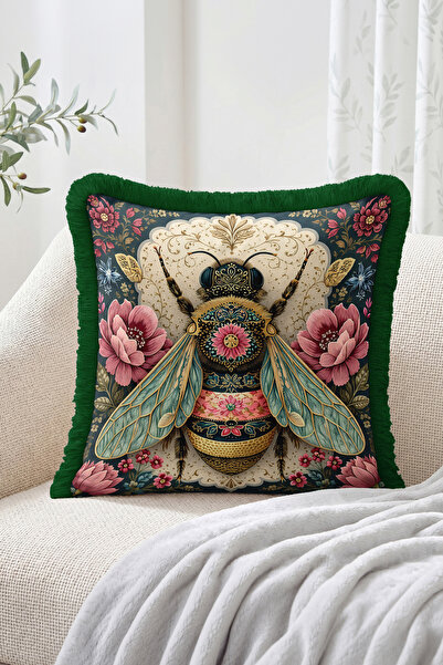 Realhomes Embroidered Honey Bee and Floral Motif Fringed Throw Pillow Cover -...