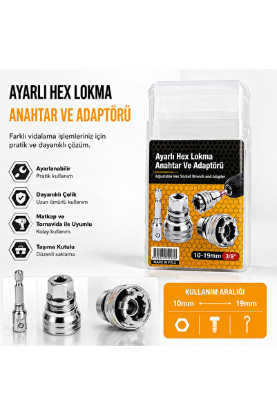 Skygo Ayarlı Hex Lokma Anahtar ve Matkap Adaptörü (10-19mm 3/8 Inc )