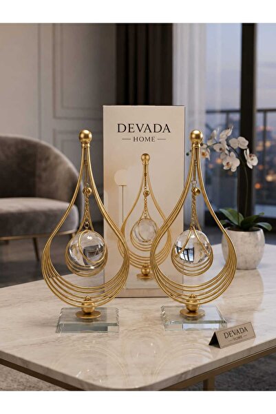 DEVADA HOME Gold Kristal Cam Küreli Dekoratif Metal Biblo Damla Model