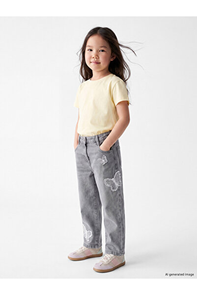 LC Waikiki Lcw Kids Gray Butterfly Embroidered Girls' Jean Pants