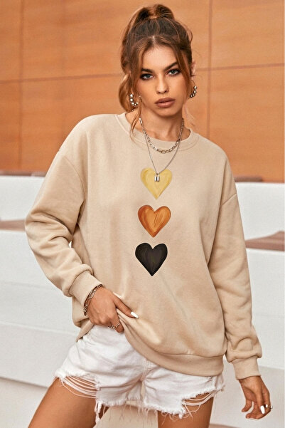 uyguntarz Unisex Heart Printed Crew Neck Sweatshirt