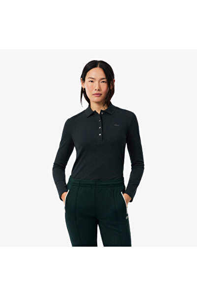 Lacoste L.12.D Kadın Slim Fit Uzun Kollu Koyu Yeşil Polo