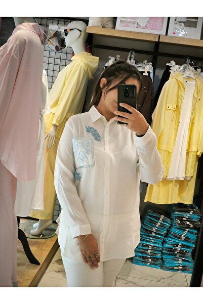 saloon collection Beyaz Nakış Detaylı Oversize Uzun Kollu Gömlek