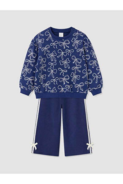 LC Waikiki Lcw Baby Navy Blue Bow Patterned Baby Girl Tracksuit Set