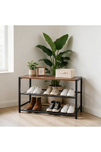 Generic Brand Black floor-to-ceiling three-layer simple wrought iron shoe rac...