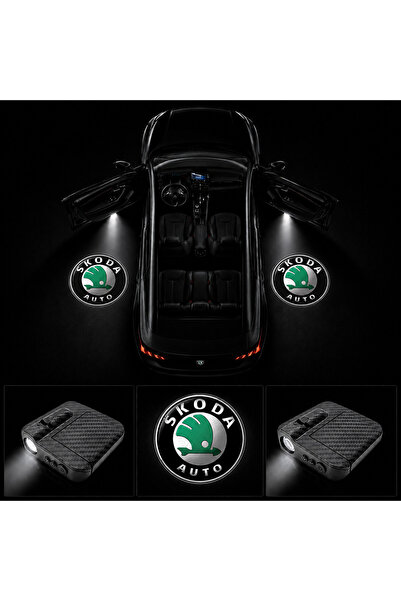 Oto Çizgi Skoda Kapı Altı Logo Projektör Led Işığı 2'li Set Pilli Kablosuz Ka...