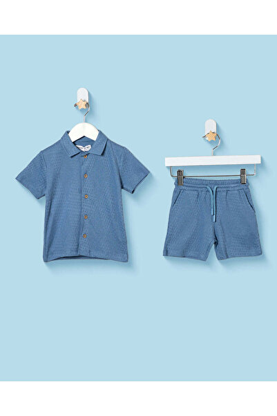 REDTAG Infant Boys Blue Jacquard Collared Shirt & Shorts Set (2 Piece)