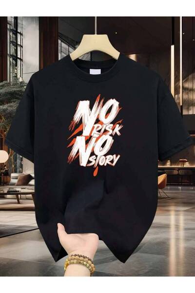 29CUN تيشيرت رجالي من Risk No Story بنمط خطوط تحفيزية جريئة، مصنوع من القطن ا...