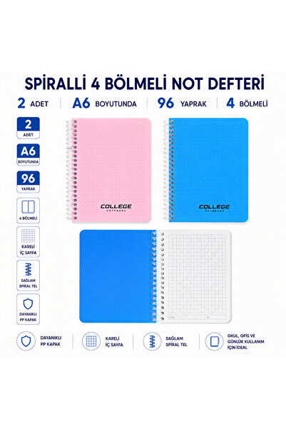 FLY COLOR 2'li A6 Spiralli 4 Bölmeli Not Defteri 96 Yaprak Kareli PP Kapak