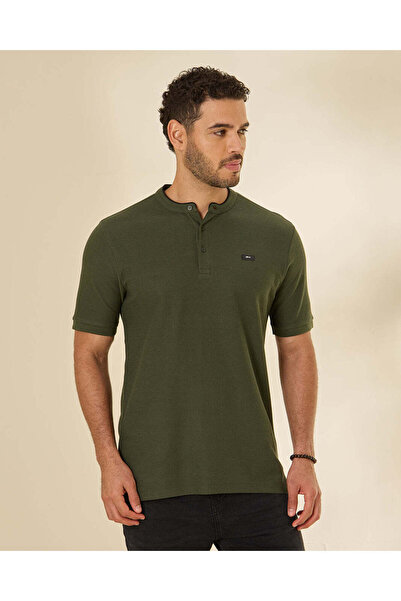 REDTAG Men Green Plain Standup Collar Jumbo Pique Polo