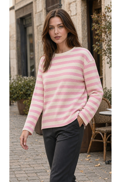 TREND EMMODA Women's Striped Waffle Textured Round Neck Sweatshirt