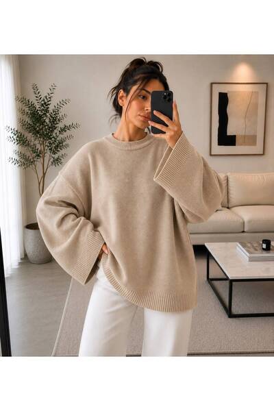 threeoff Kadın Salaş Triko Kazak Oversize Bisiklet Yaka Uzun Kollu Basic Model