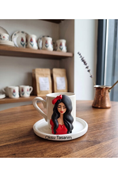 oksukokulutaş Girl in Red Dress Turkish Coffee Cup
