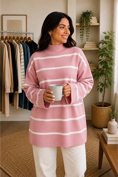 threeoff Women's Striped Turtleneck Knitwear Sweater Oversize Modern and Stylish