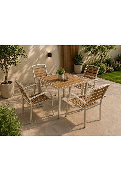 N.zone 90X90Cm Outdoor Dining Table Set with 4 Chairs Modern Wooden Look and ...