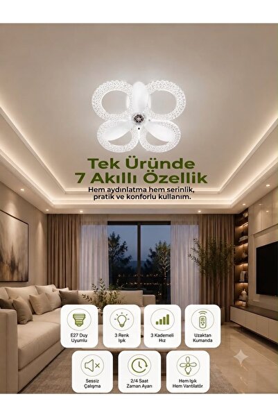 DORA 44 CM UZAKTAN KUMANDALI PERVANELİ 3 KANATLI LEDLİ AVİZE